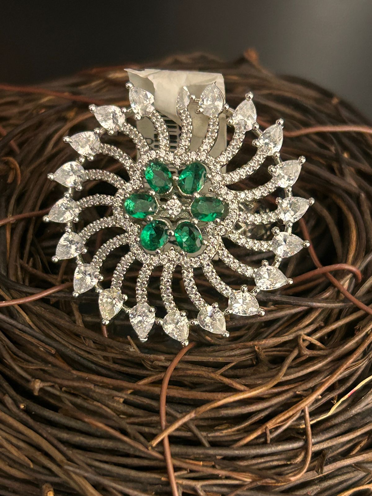 Floral Emerald & CZ Diamond Cocktail Ring – Adjustable Designer Ring